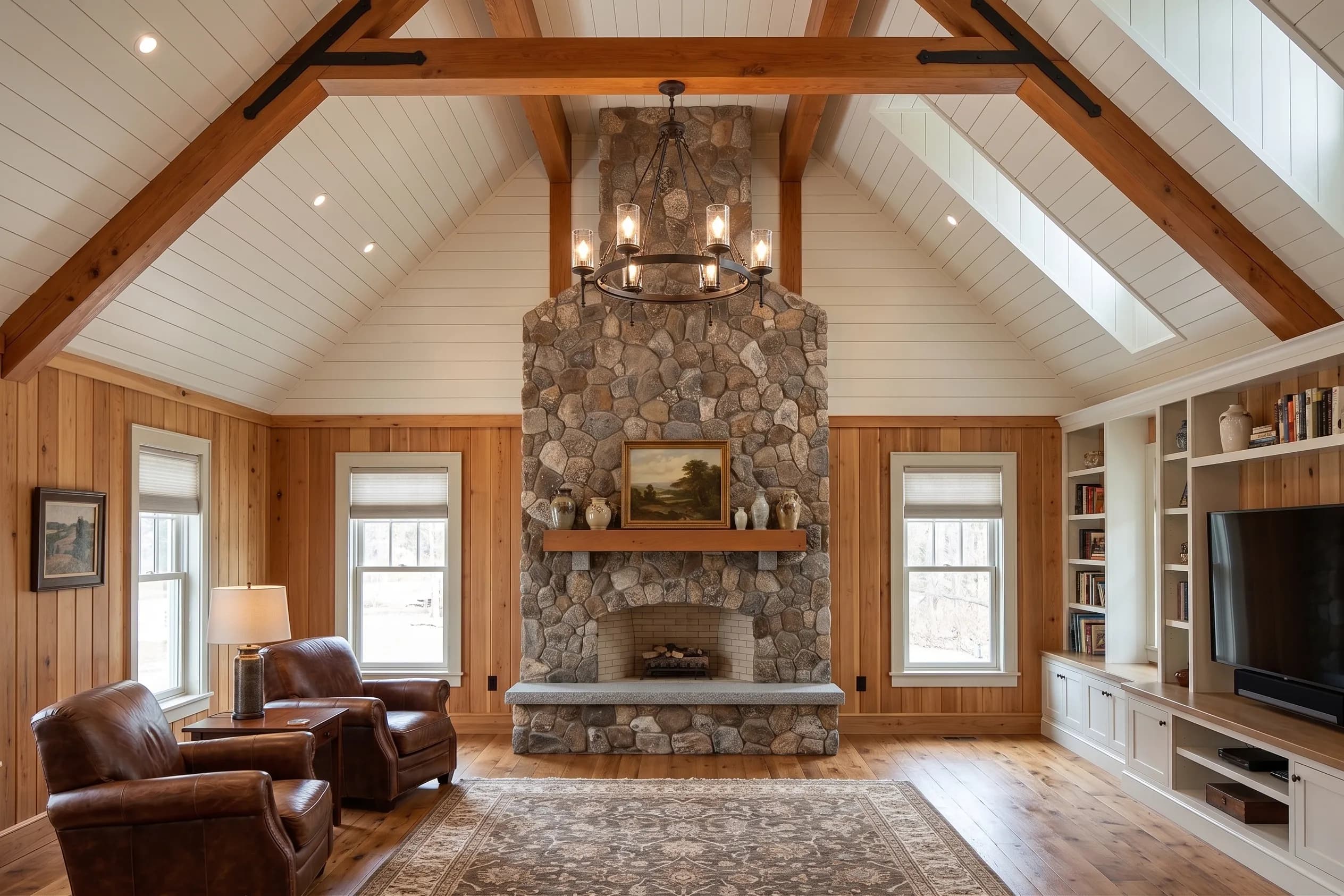 Full-height fieldstone fireplace with a wood mantel in a rustic farmhouse living room