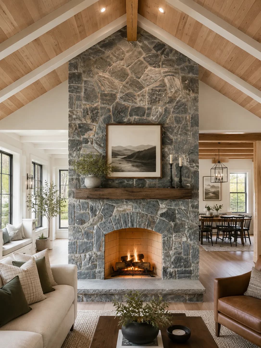Floor-to-ceiling thin stone veneer fireplace with a lit fire in a modern farmhouse living room