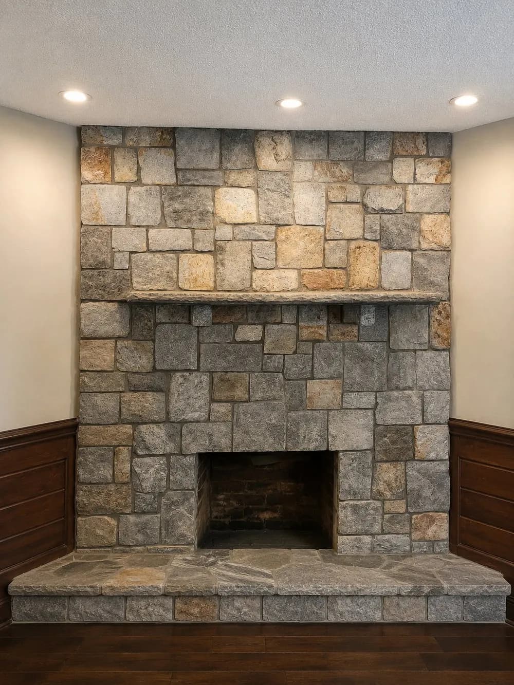 Rustic full-height stone fireplace with a projecting stone mantel and broad raised hearth between wood-paneled walls