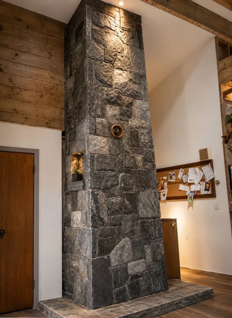 Tall stone chimney column in a rustic lodge interior, charcoal and brown fieldstone over a two-level stone hearth