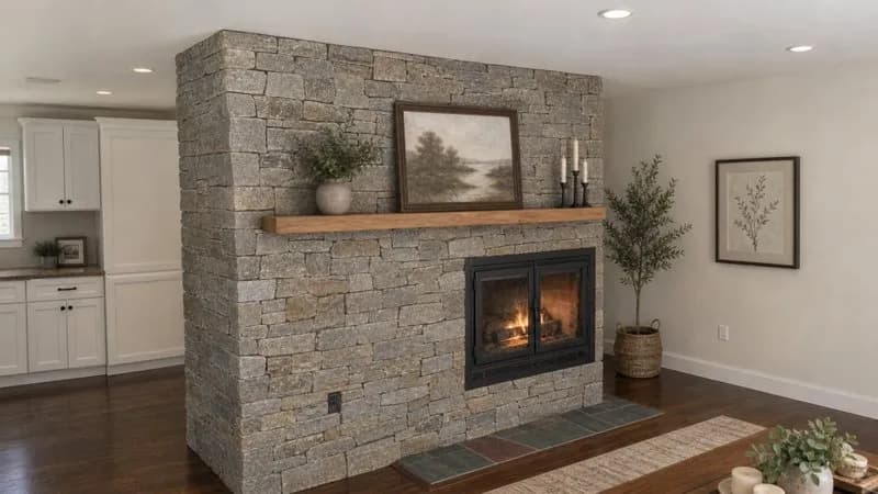 Floor-to-ceiling gray stone fireplace with a wood mantel and black-framed glass insert, fire burning