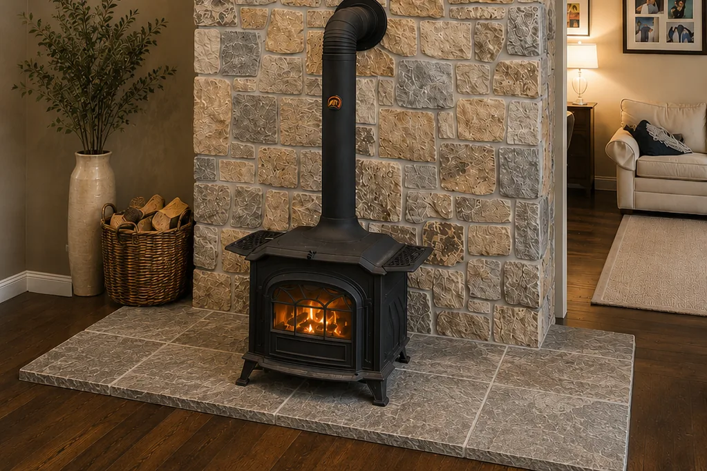 After — natural thin-stone veneer wood stove wall