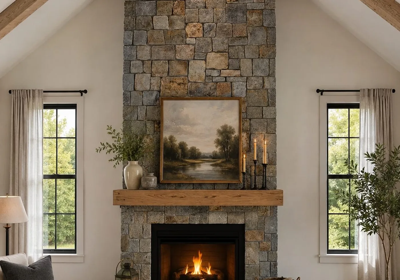 Square and rectangular stone fireplace makeover by JB Mohler Masonry