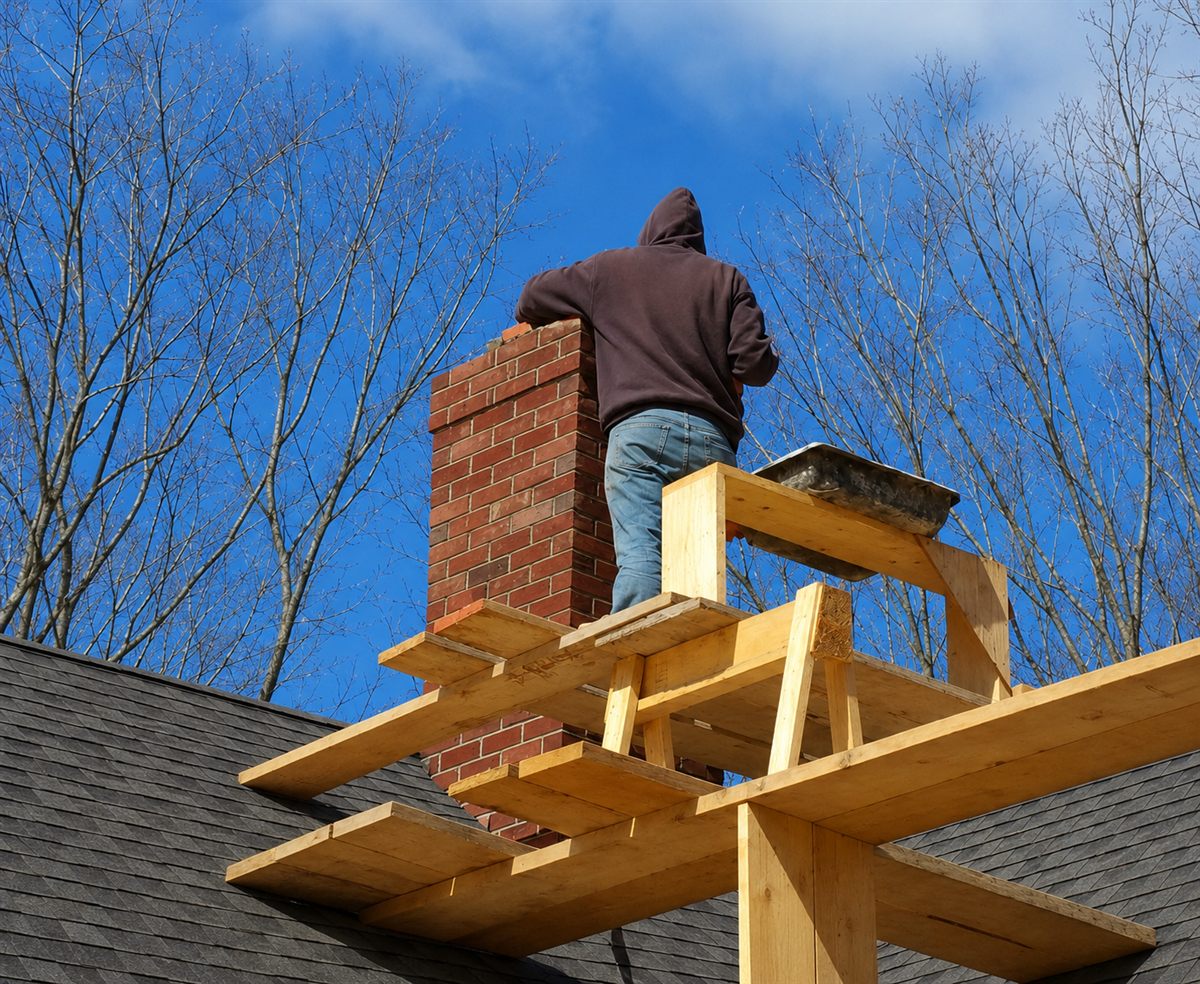 Mason working from staging beside a brick chimney on a roof