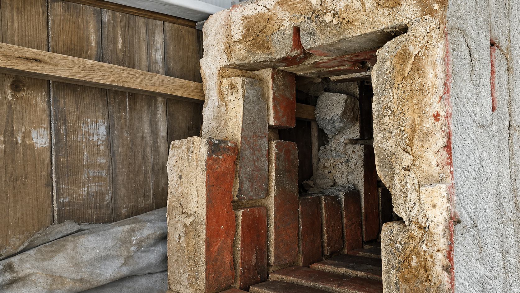 damaged chimney firebox with deteriorated brick, missing mortar, and exposed masonry rubble