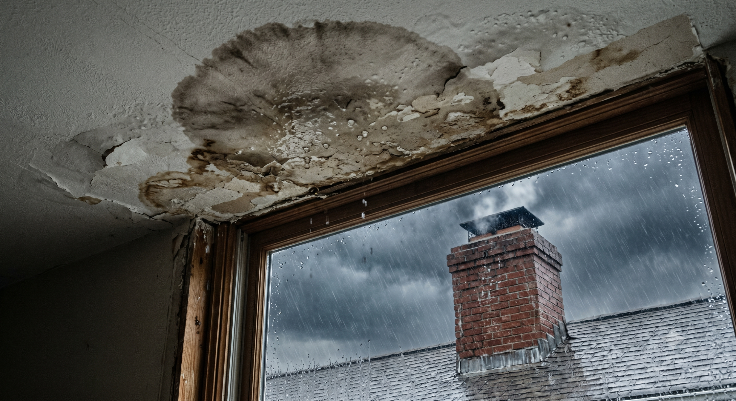 Water damaged bubbling ceiling plaster next to a window looking out at a leaking brick chimney during a storm in Harvard MA.