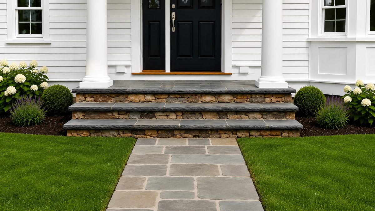 Fieldstone entryway steps and bluestone walkway