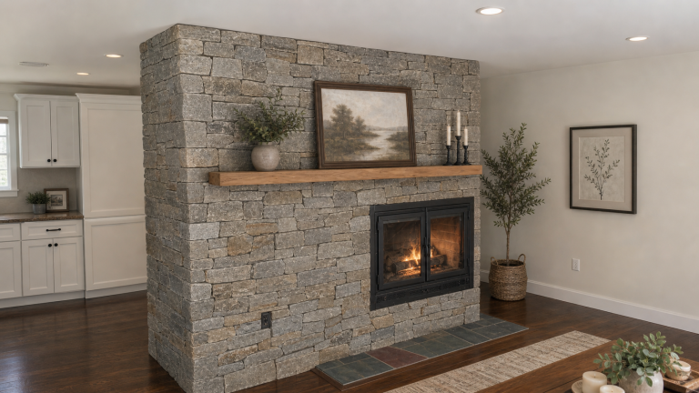 Thin stone veneer fireplace wall in Wayland, MA during remodel, featuring natural ledgestone installation with wood mantel and unfinished room