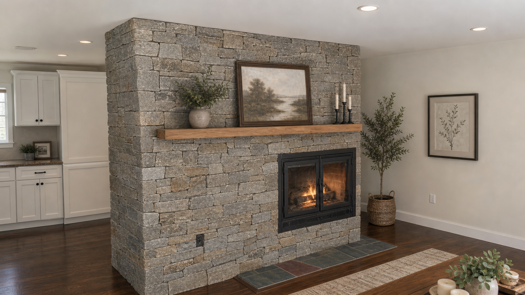 Thin stone veneer fireplace wall in Wayland, MA during remodel, featuring natural ledgestone installation with wood mantel and unfinished room